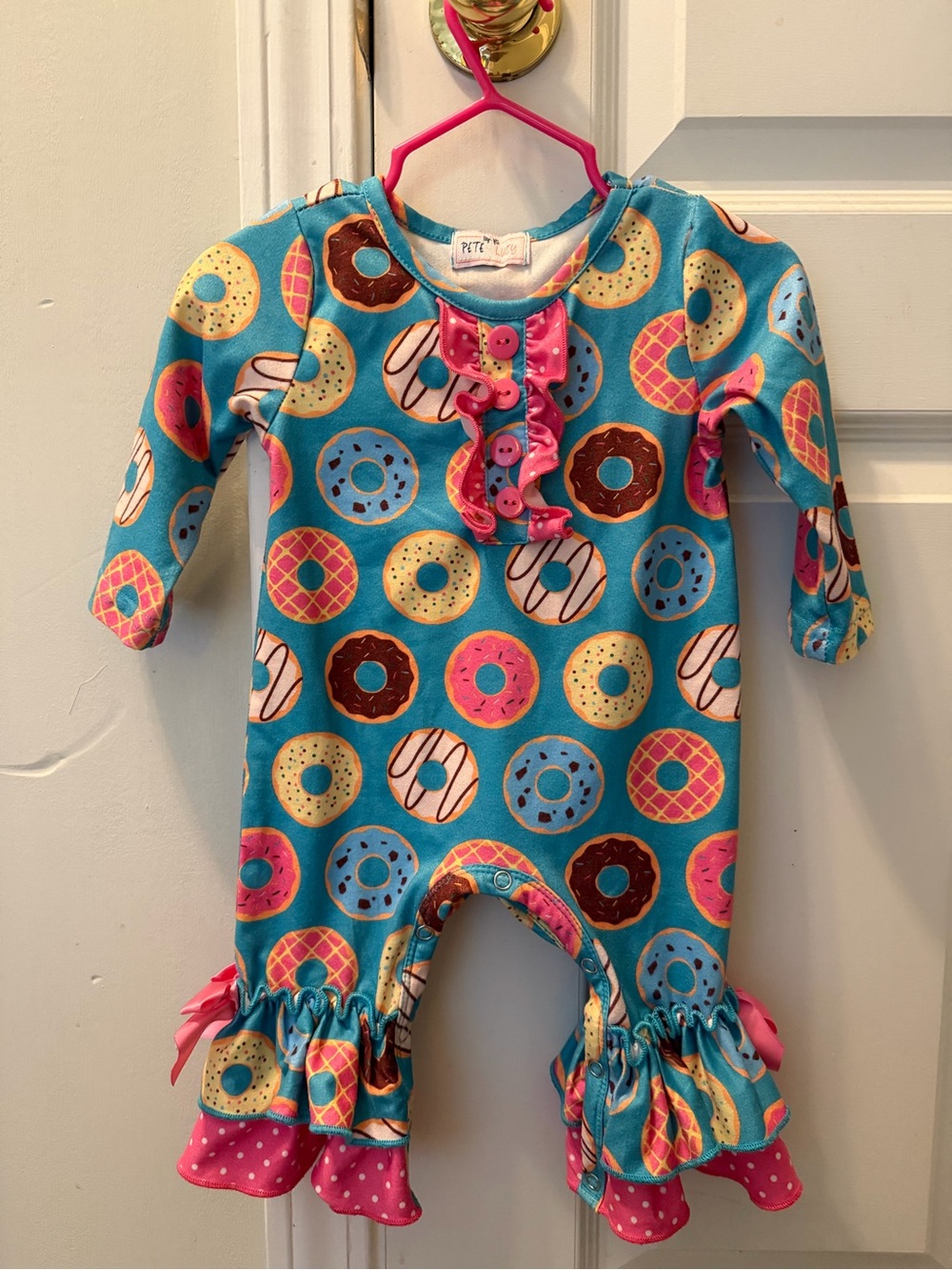 Pete+Lucy Donut Print Ruffle Romper Teal/Pink